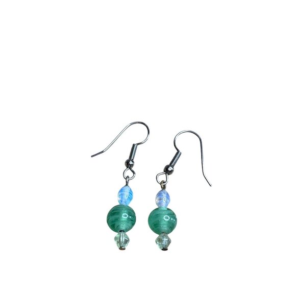 Artisan Glass Bead Dangle Earrings Opalite Green Silvertone Hooks 1 inch - Picture 2 of 2